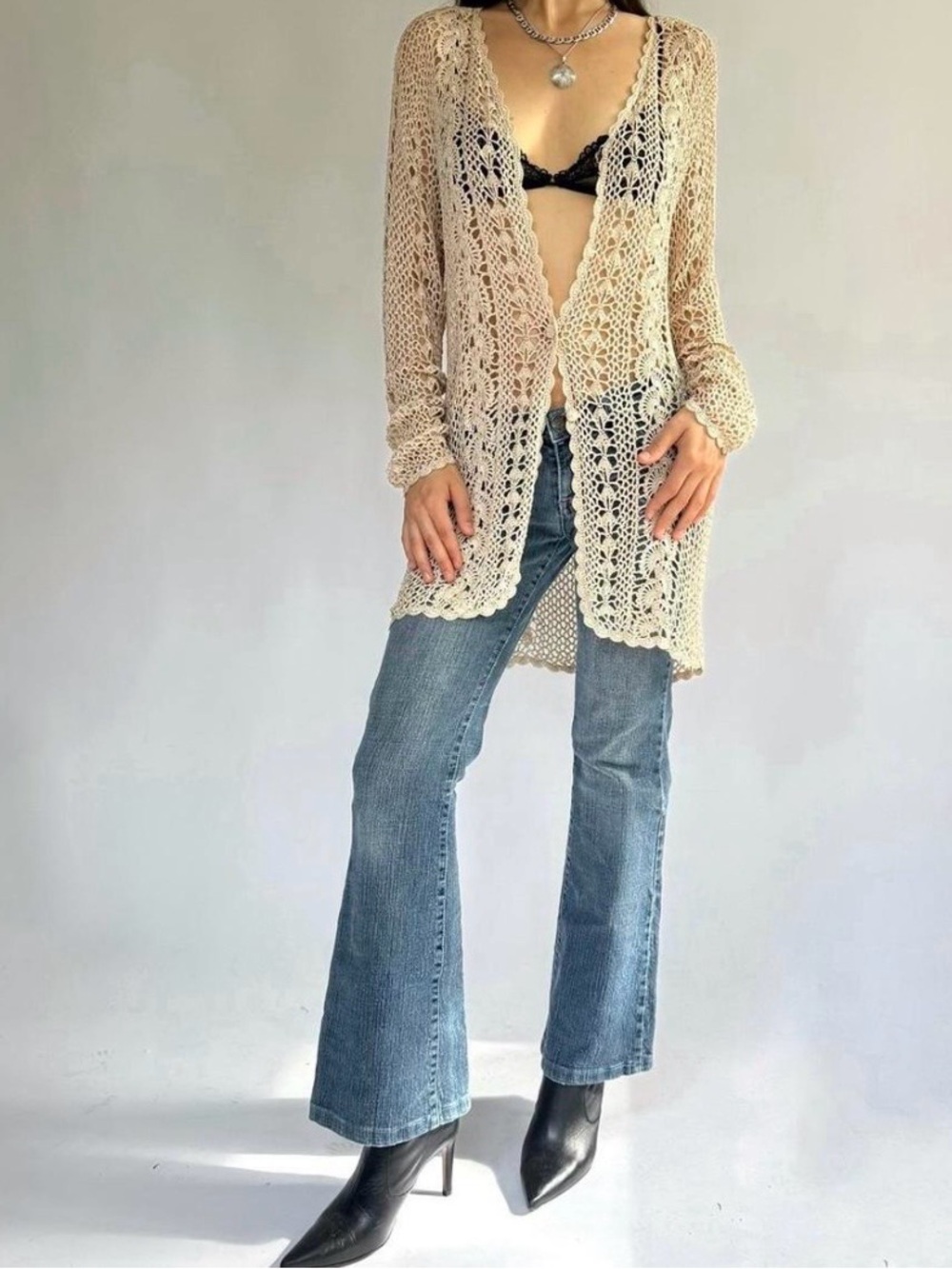 Vintage Crochet Open Cardigan in Cream